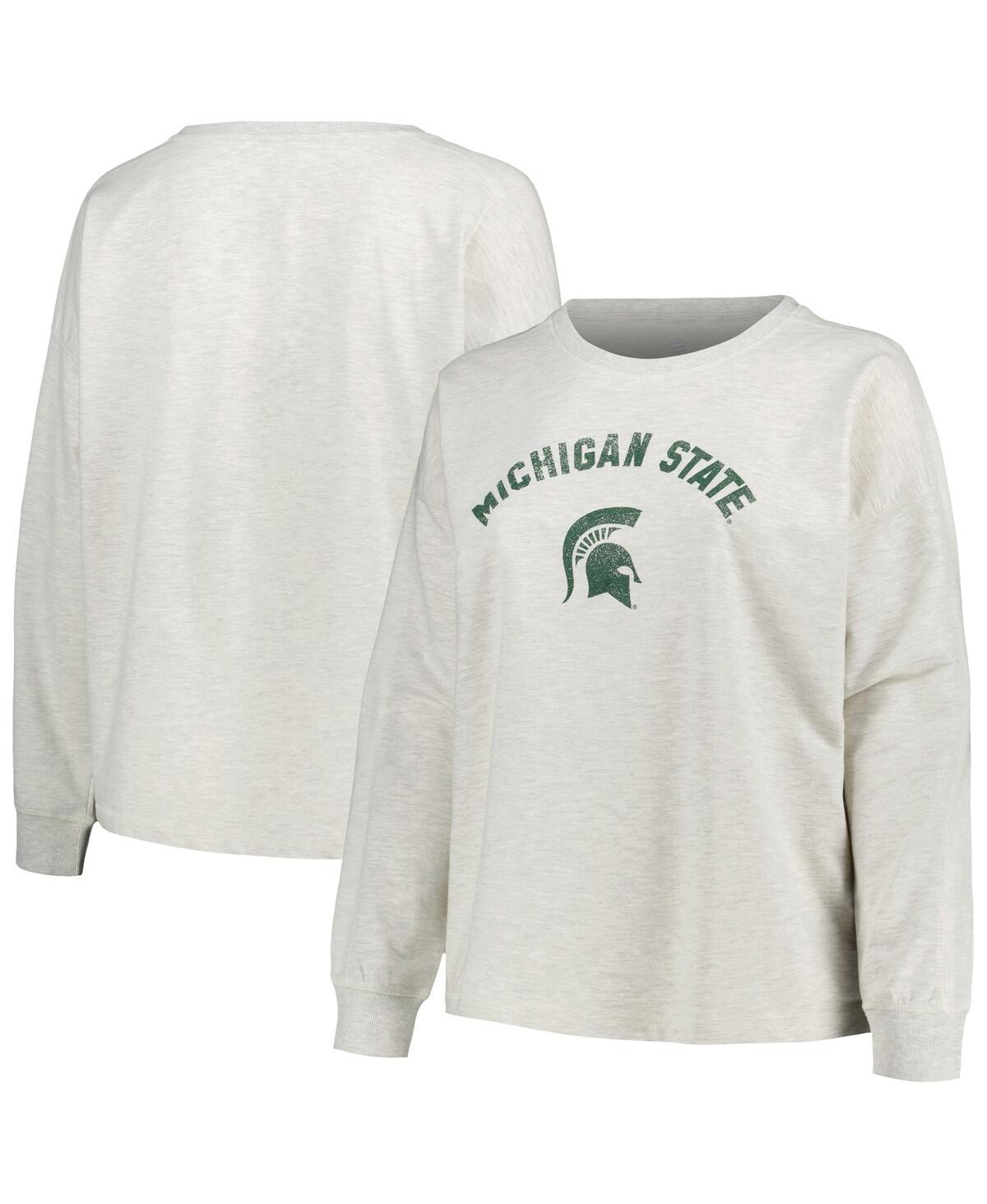 Women's Profile Oatmeal Michigan State Spartans Plus Size Distressed Arch Over Logo Neutral Boxy Pullover Sweatshirt - Oatmeal