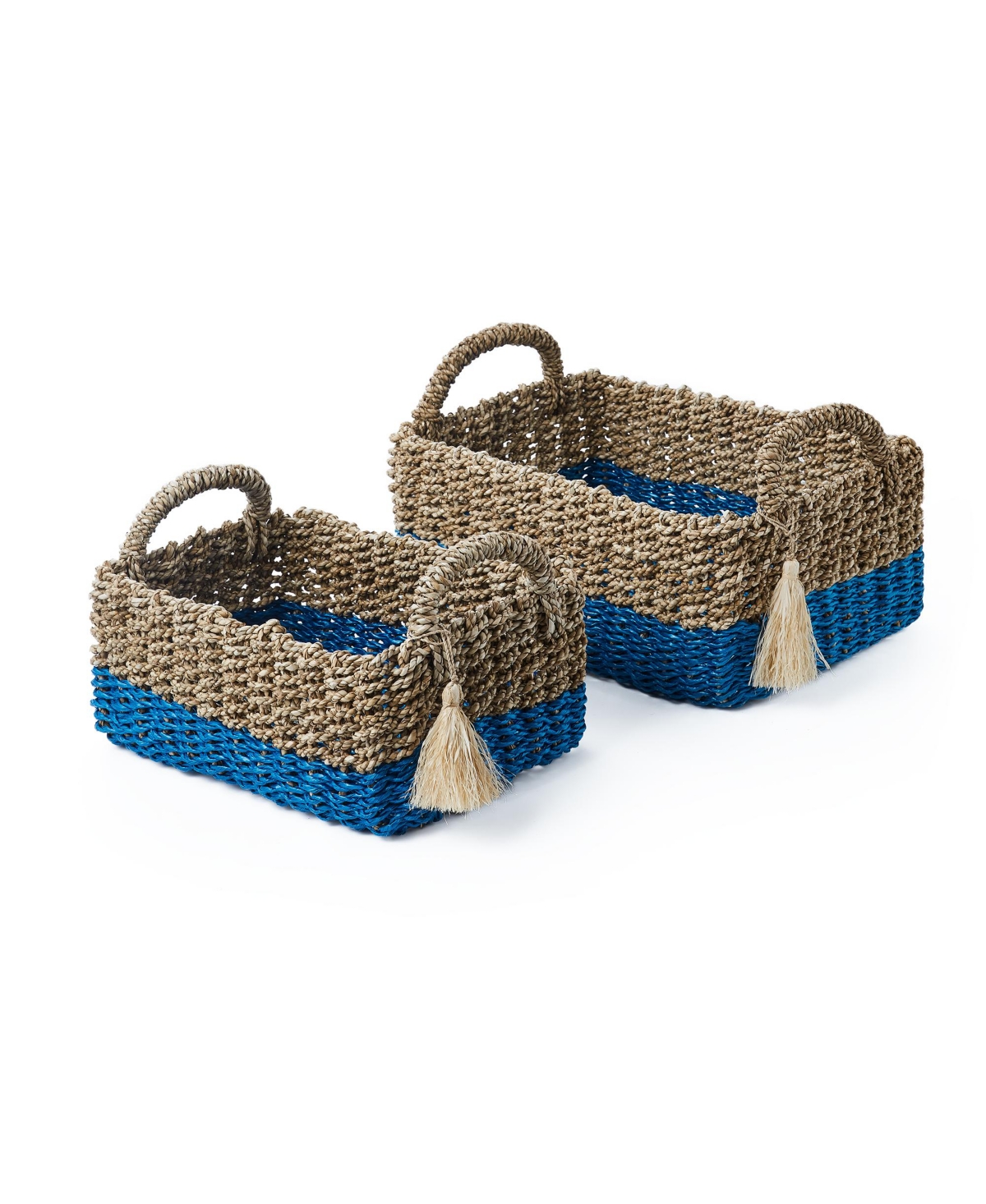 2 Piece Large Rectangular Sea Grass and Raffia Bins Set with Ear Handles and Single Tassel - Natural and White