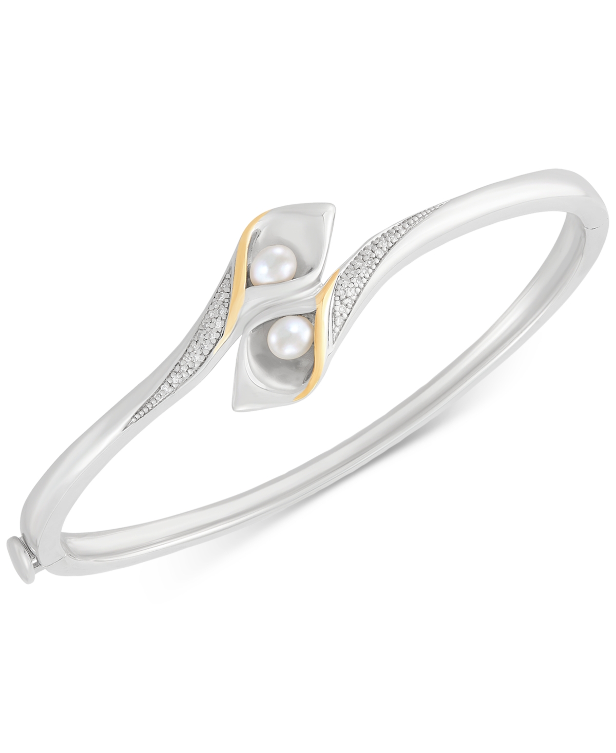 Cultured Freshwater Pearl (6 x 4mm) & Diamond (1/10 ct. t.w.) Flower Bud Inspired Bangle Bracelet in Sterling Silver & 14k Gold - Silver
