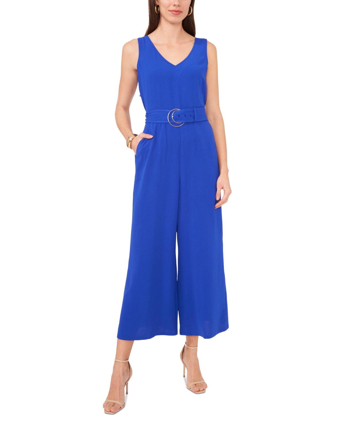 Shop Vince Camuto Women's V-neck Cropped Wide-leg Jumpsuit In Sapphire Sky