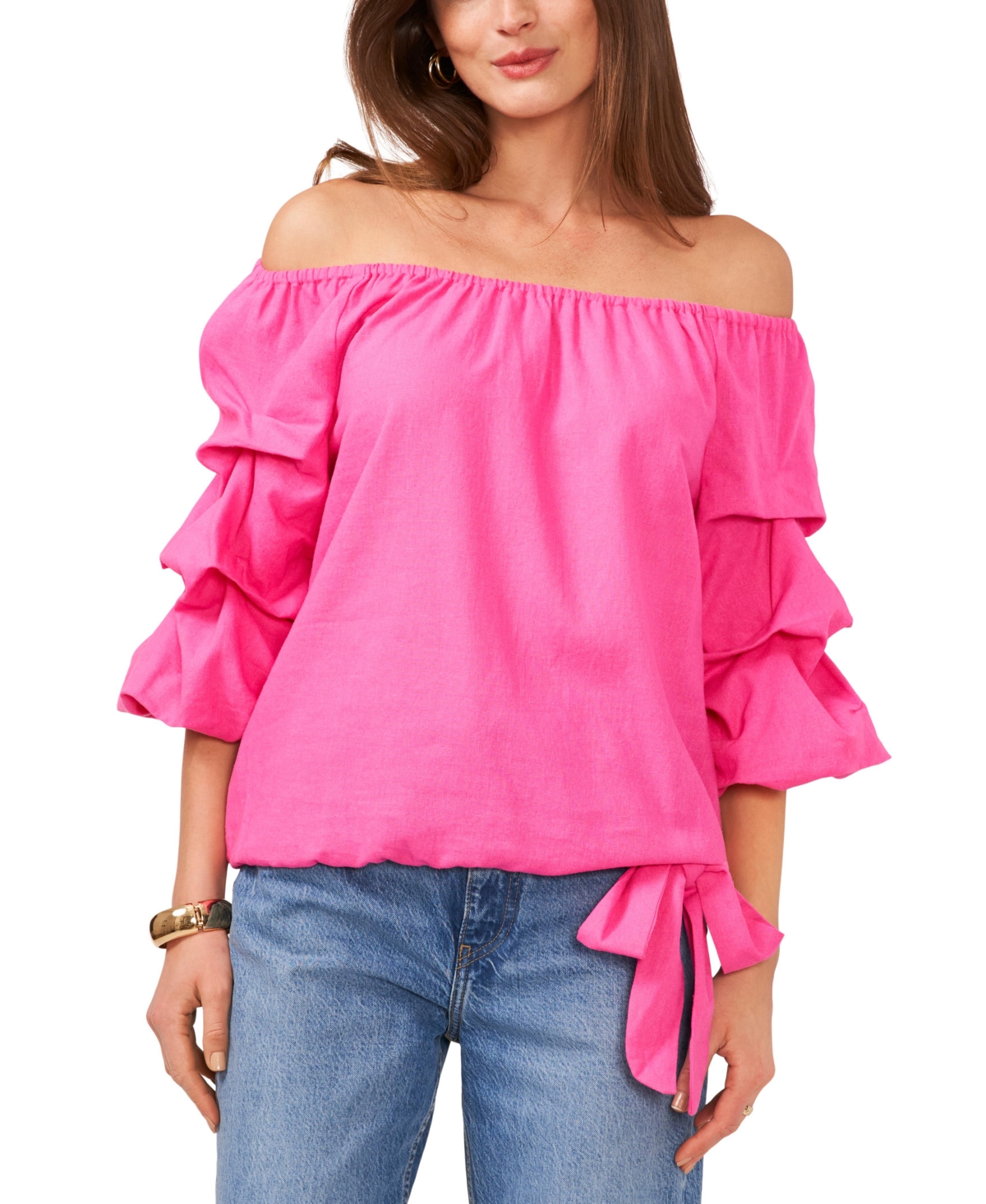 Women's Linen-Blend Off The Shoulder Bubble Sleeve Tie Front Blouse - Hot Pink