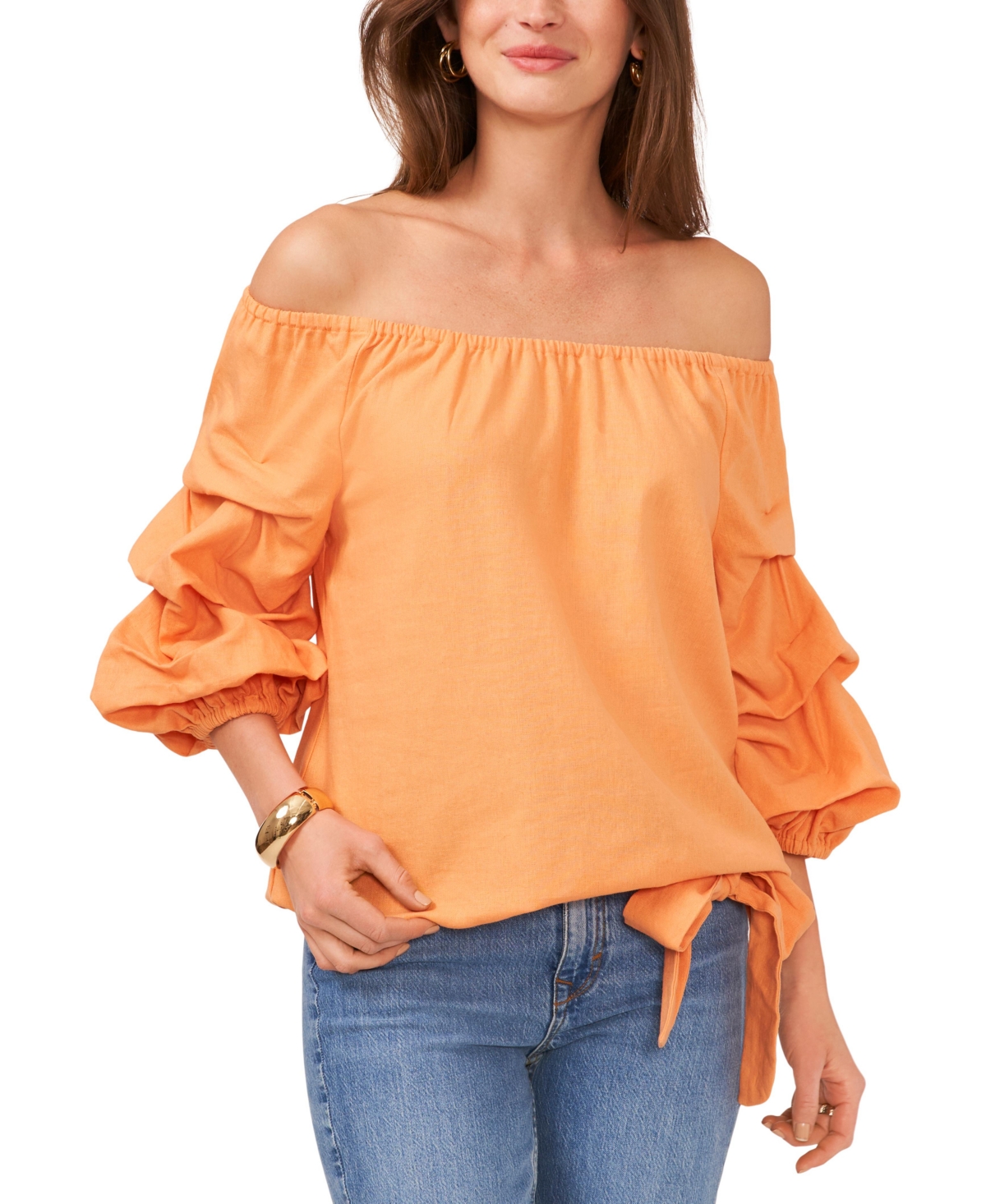 Vince Camuto Women's Linen-blend Off The Shoulder Bubble Sleeve Tie Front Blouse In Warm Orange