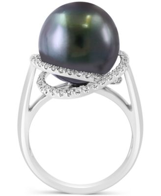 EFFY&reg; Black Tahitian Pearl (13mm) & Diamond (1/4 ct. t.w.) Double Halo Statement Ring in 14k White Gold