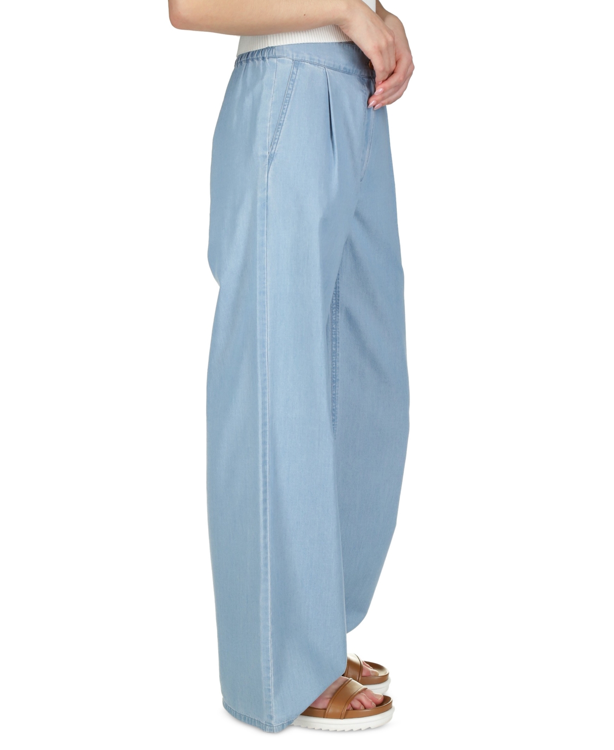 Shop Michael Kors Michael  Petite Chambray Elastic-back Wide-leg Pull-on Pants In Sky Blue Wash