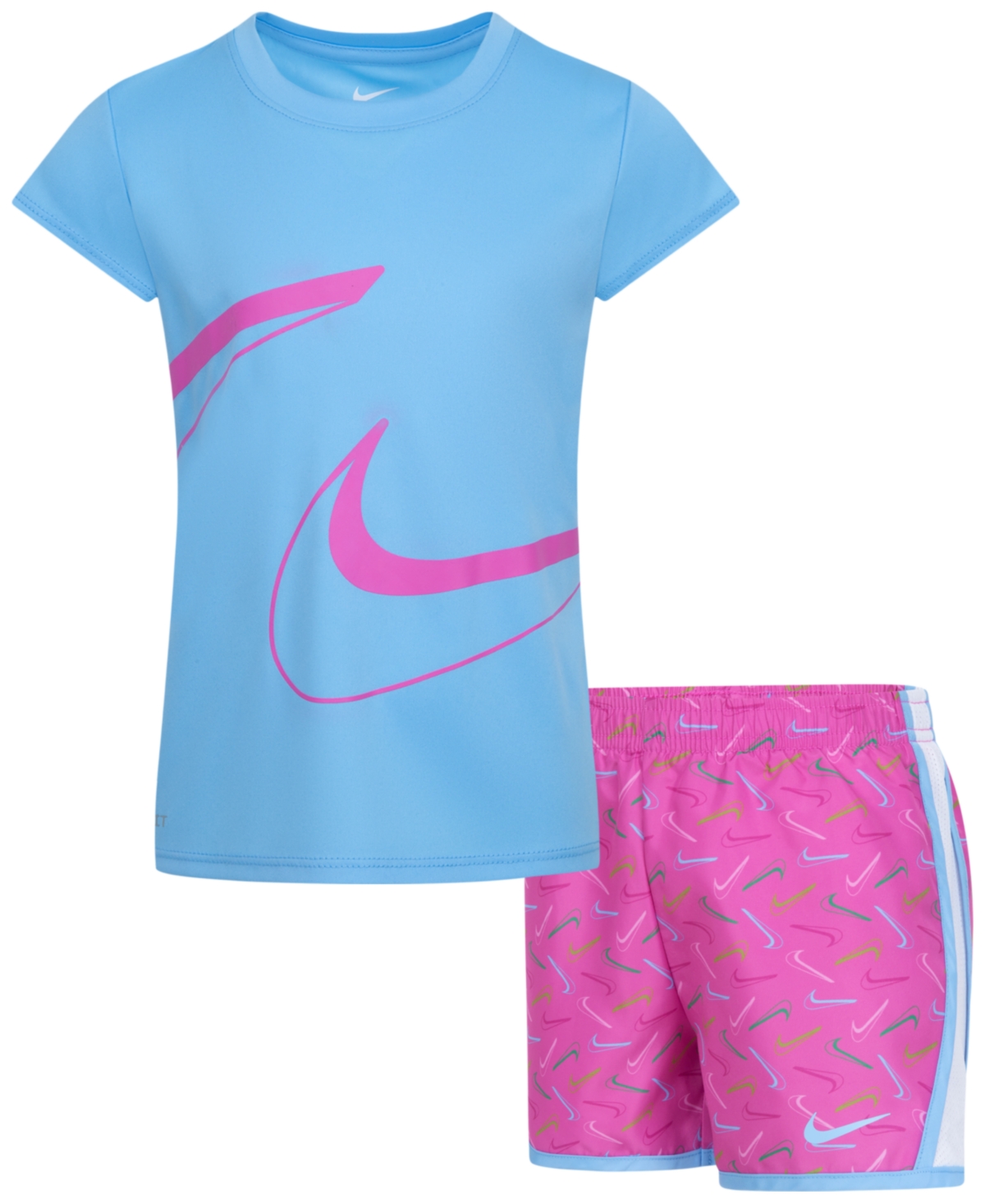 Nike Little Girls Dri-fit Swoosh Logo Short Sleeve Tee and Printed Shorts Set