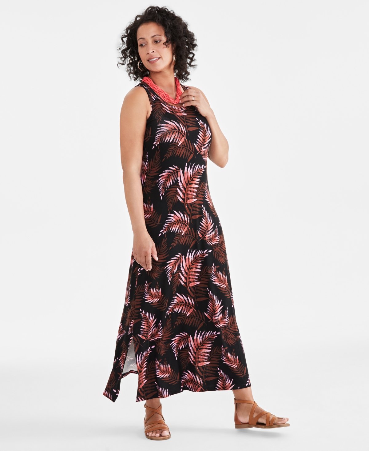 Style & Co Women's Printed Knit Maxi Dress, Created For Macy's In Palm Black