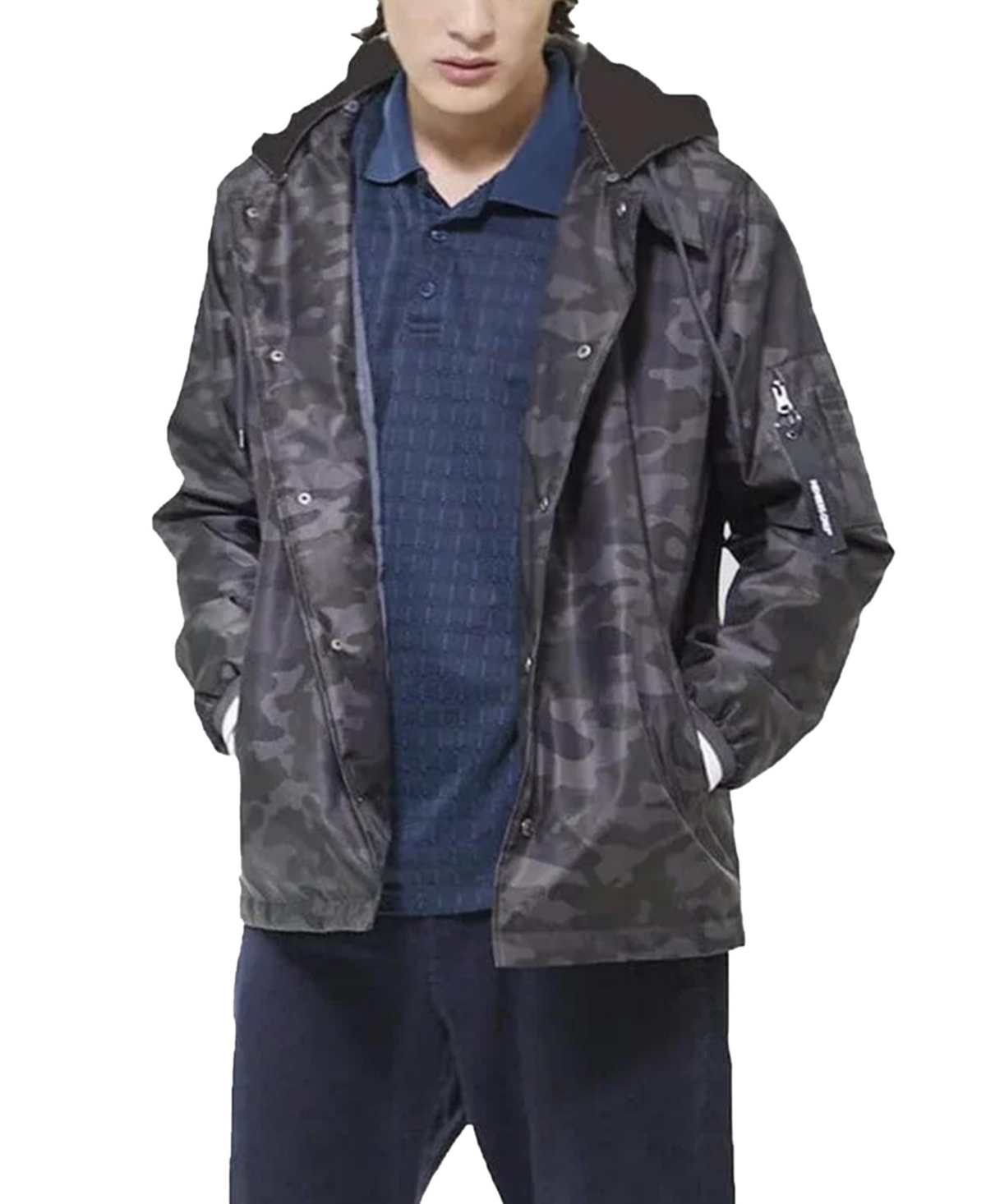 Men's Coach Jacket with Fleece Hood - Grey camouflage