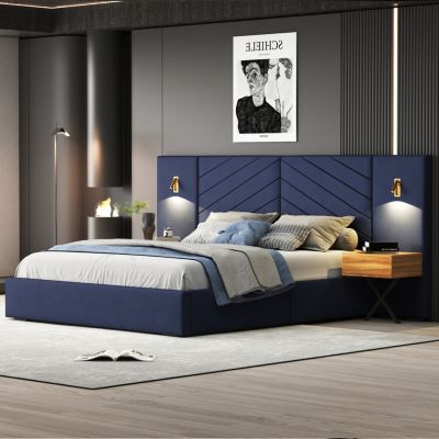 Royal Blue Velvet Wingback Bed Frame - Queen Size