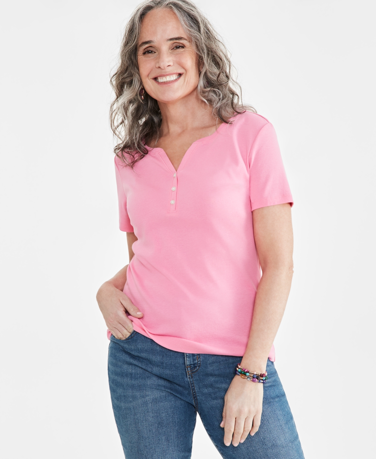 Style & Co Petite Cotton Henley Short-sleeve T-shirt, Created For Macy's In Pink