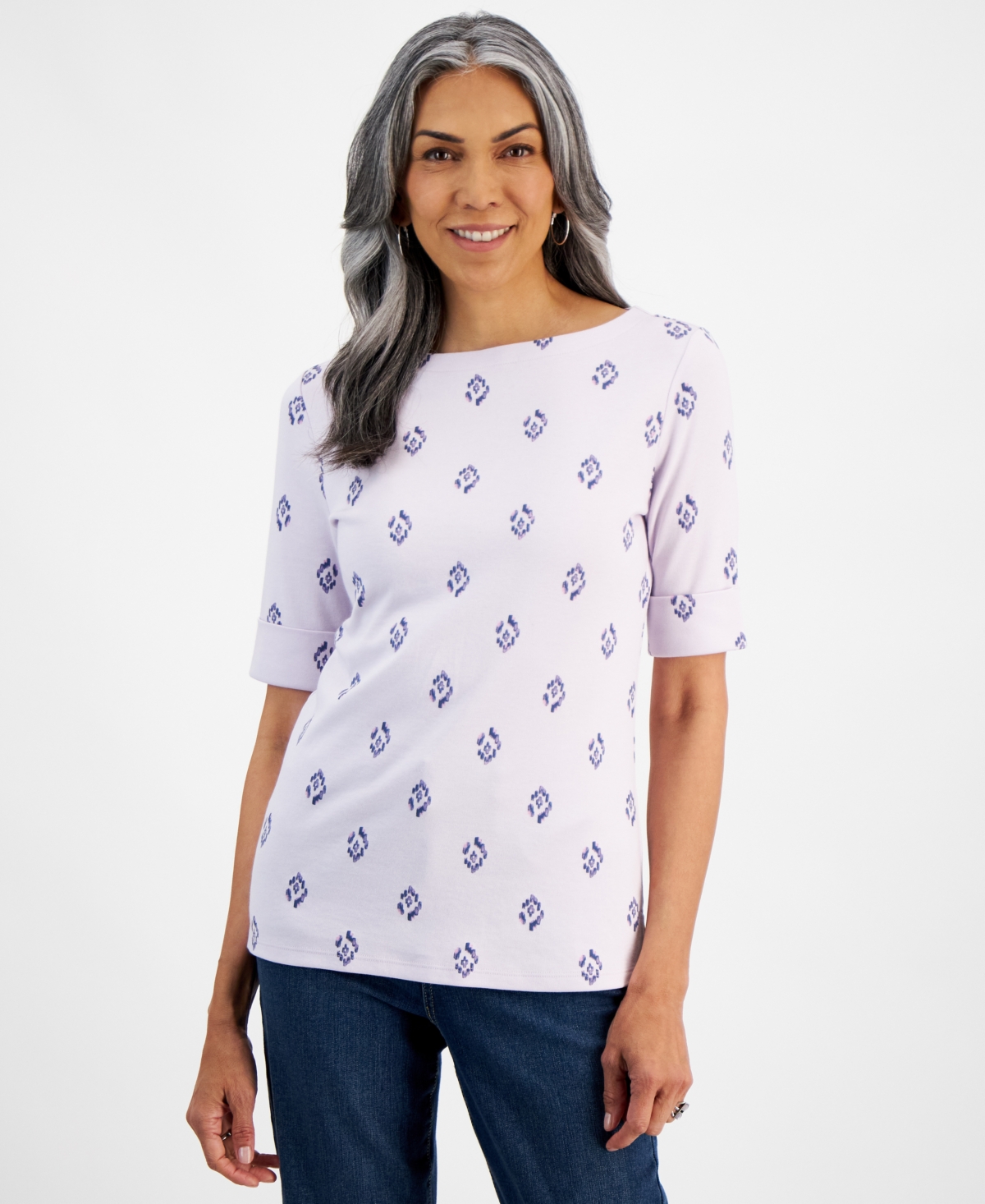 Women's Printed Boat-Neck Elbow-Sleeve Top, Created for Macy's - Ikat Lavendar