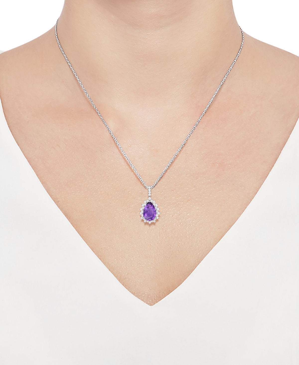 Shop Macy's Amethyst (2-1/2 Ct. T.w.) & Lab-grown White Sapphire (1/2 Ct. T.w.) Pear Halo 18" Pendant Necklace I In Blue Topaz