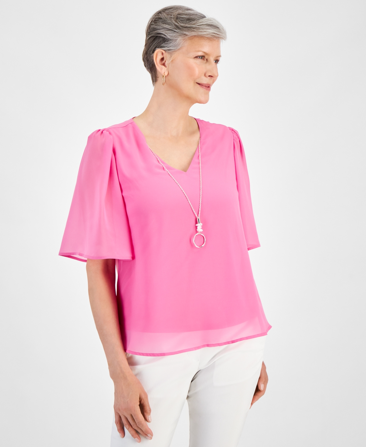 Shop Jm Collection Women's Flutter-sleeve Necklace Top, Created For Macy's In Phlox Pink