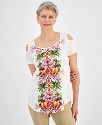 JM Collection - Petite Julia Jungle Cold-Shoulder Top, Created for Macy's