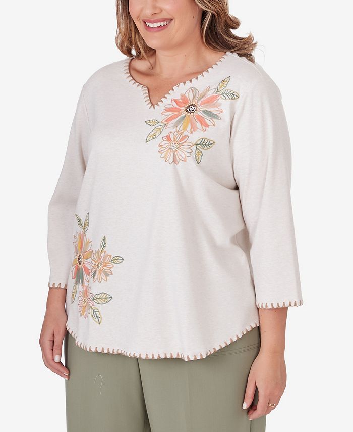 Alfred Dunner Plus Size Tuscan Sunset Embroidered Flower Top - Macy's
