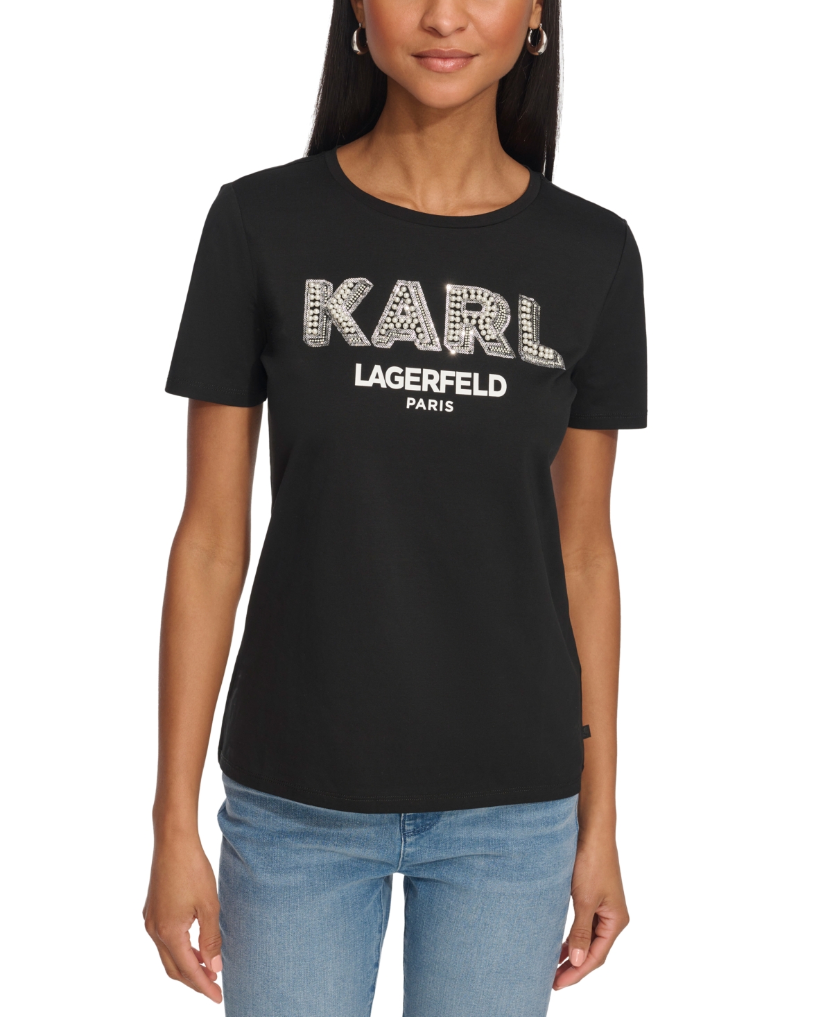 Karl Lagerfeld Women's Imitation-pearl Karl T-shirt In Black  Silver