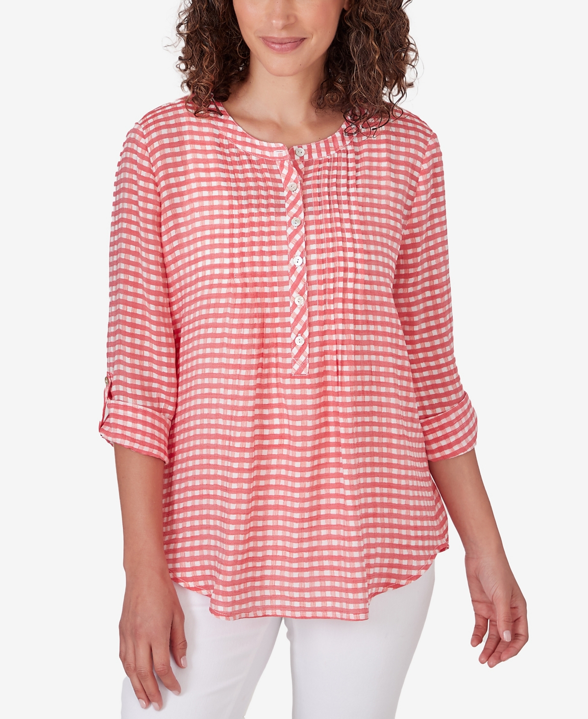 Petite Gingham Pintuck Roll-Tab-Sleeve Button-Front Top - Punch Multi