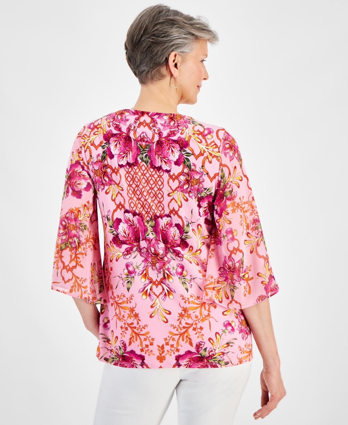 Shop Jm Collection Petite Oasis Flora Split-neck Top, Created For Macy's In Blossom Berry Combo