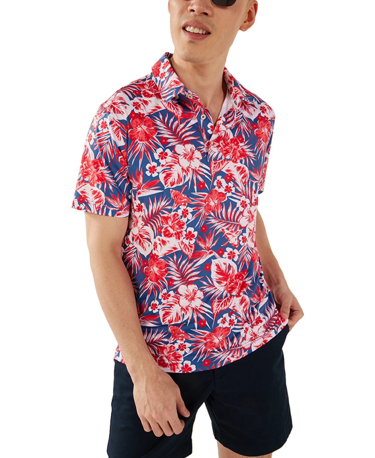 Shop Chubbies Men's Slim Fit Red, White Flowers & Palm Short Sleeve Performance 2.0 Polo Shirt In Bright Red