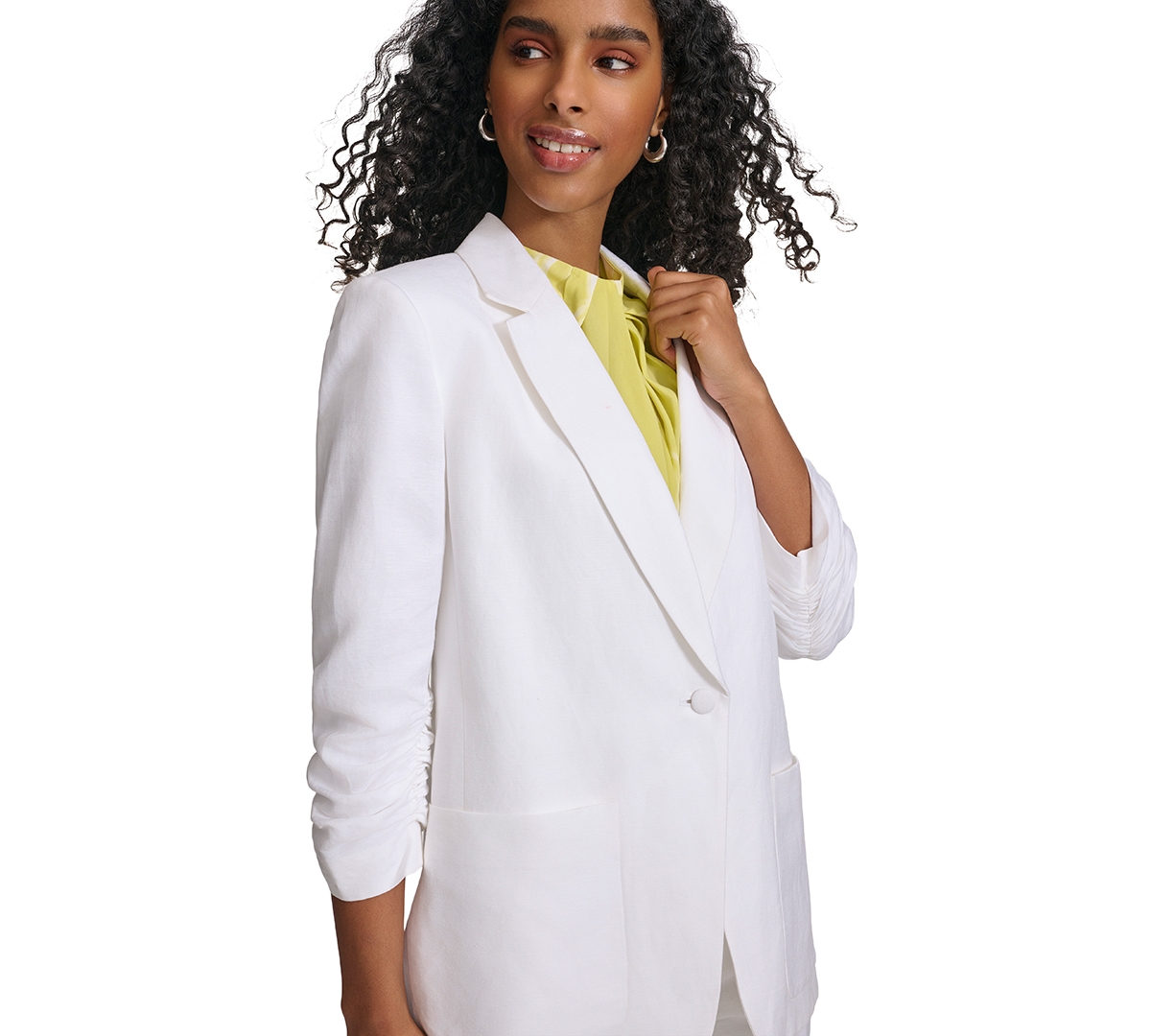 Shop Calvin Klein Petite Notch-label Ruched-sleeve Jacket In White