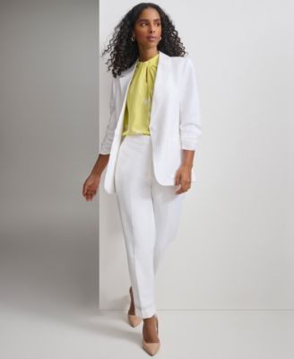 Shop Calvin Klein Petite One Button Scrunch Sleeve Jacket Mid Rise Cuffed Ankle Pants In White
