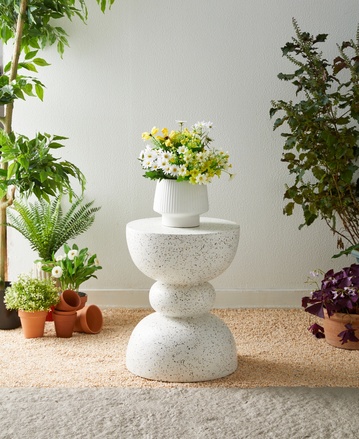 Glitzhome Multi-functional Faux Terrazzo Garden Stool Or Plant Stand Or Accent Table In White