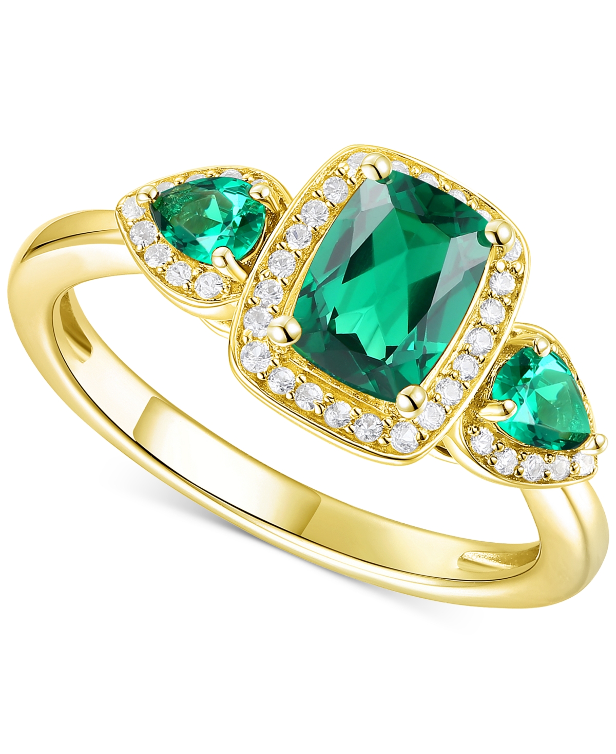 Shop Macy's Emerald (7/8 Ct. T.w.) & Lab-grown White Sapphire (1/6 Ct. T.w.) Three Stone Halo Ring In 14k Gold-p