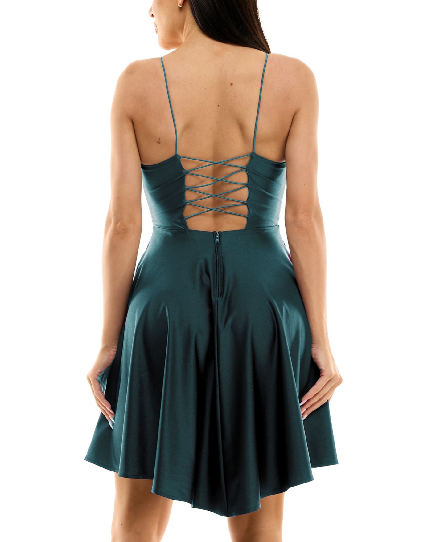 Женское платье City Studios Juniors' Plunge-Neck Lace-Up Skater, цвет: Тёмный бирюзовый — фото 5