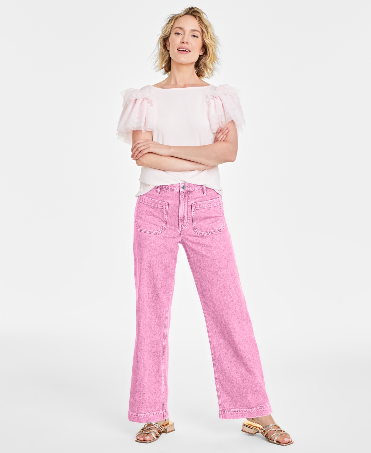 On 34th Women's Patch-pocket Wide-leg Jeans, Created For Macy's In Azalea Pink