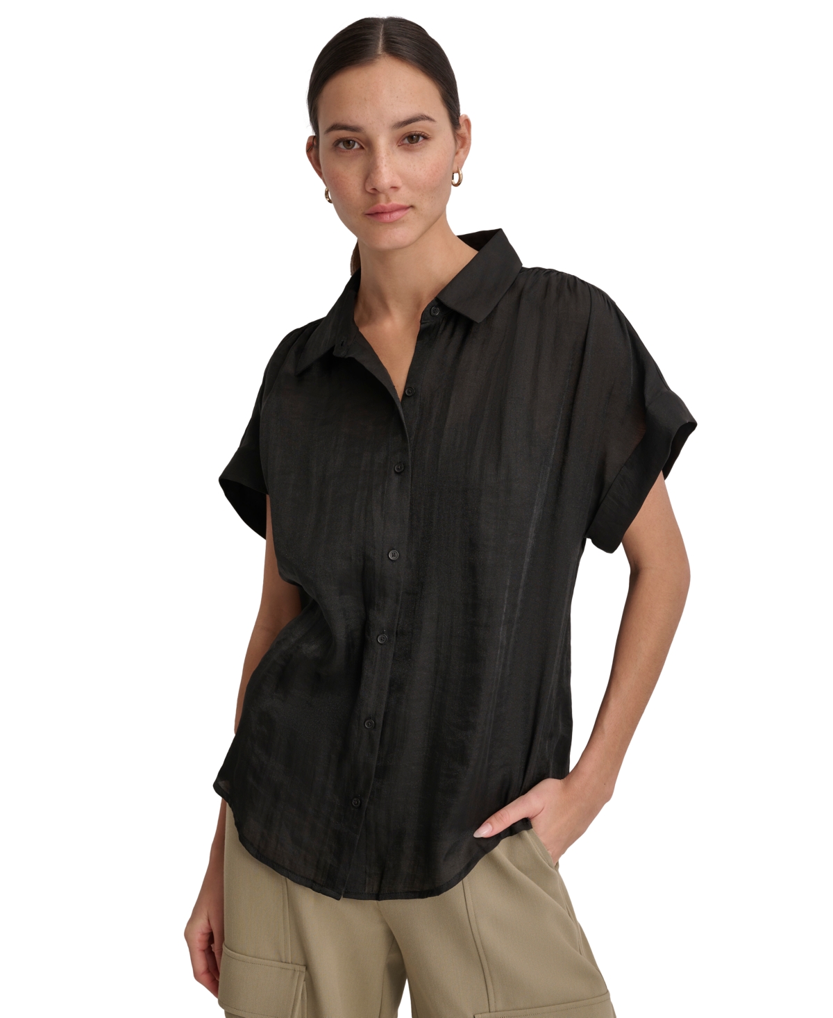Women's Short-Sleeve Button-Front Shirt - Raspbrry C