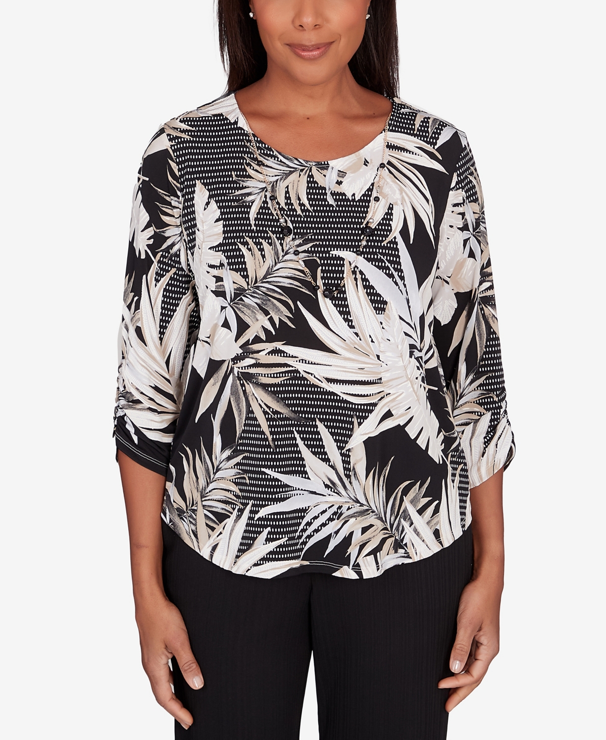 Alfred Dunner Women's Opposites Attract Printed Leaves Top With Necklace In Multi