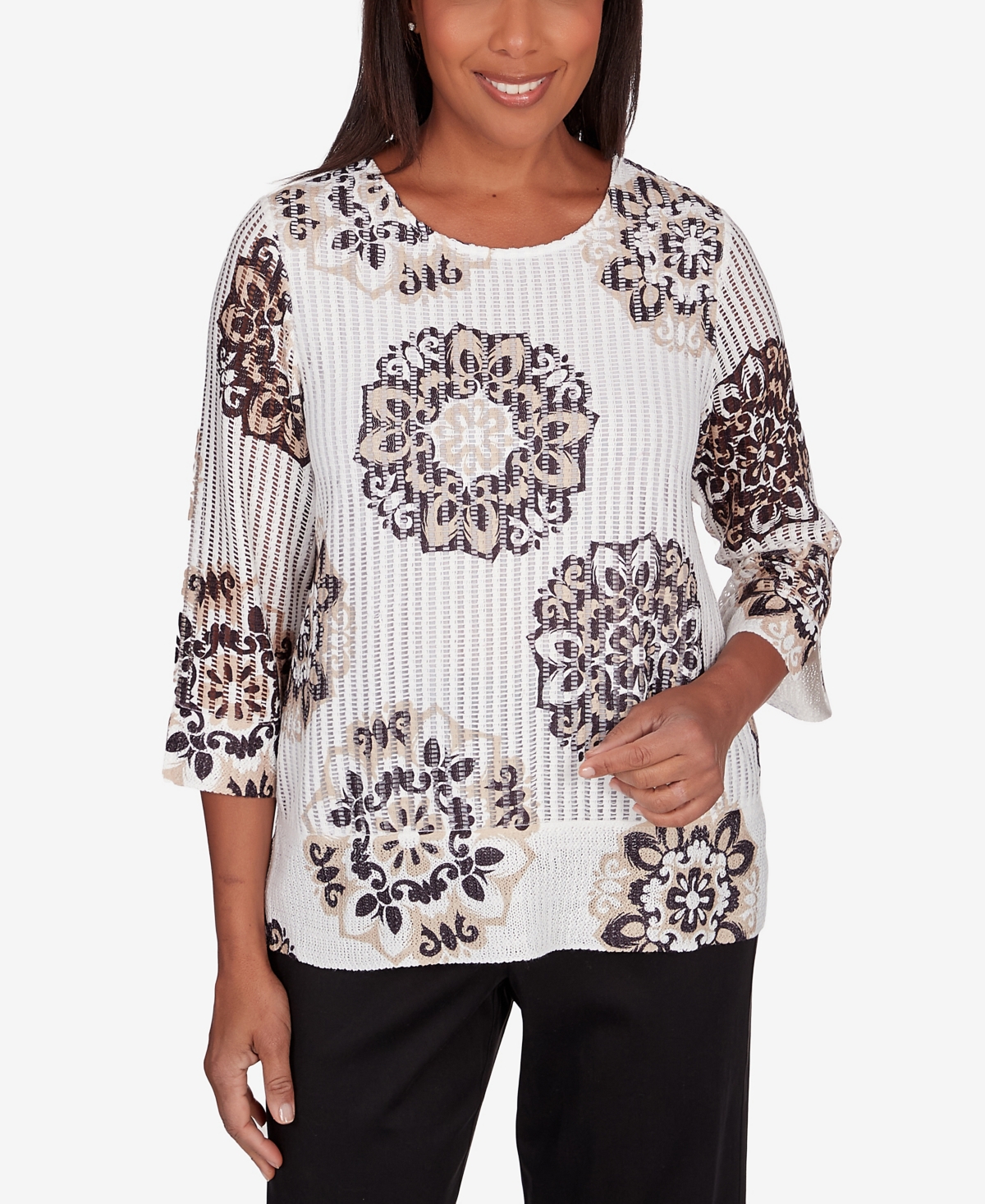 Shop Alfred Dunner Women's Opposites Attract Medallion Textured Crew Neck Top In Multi