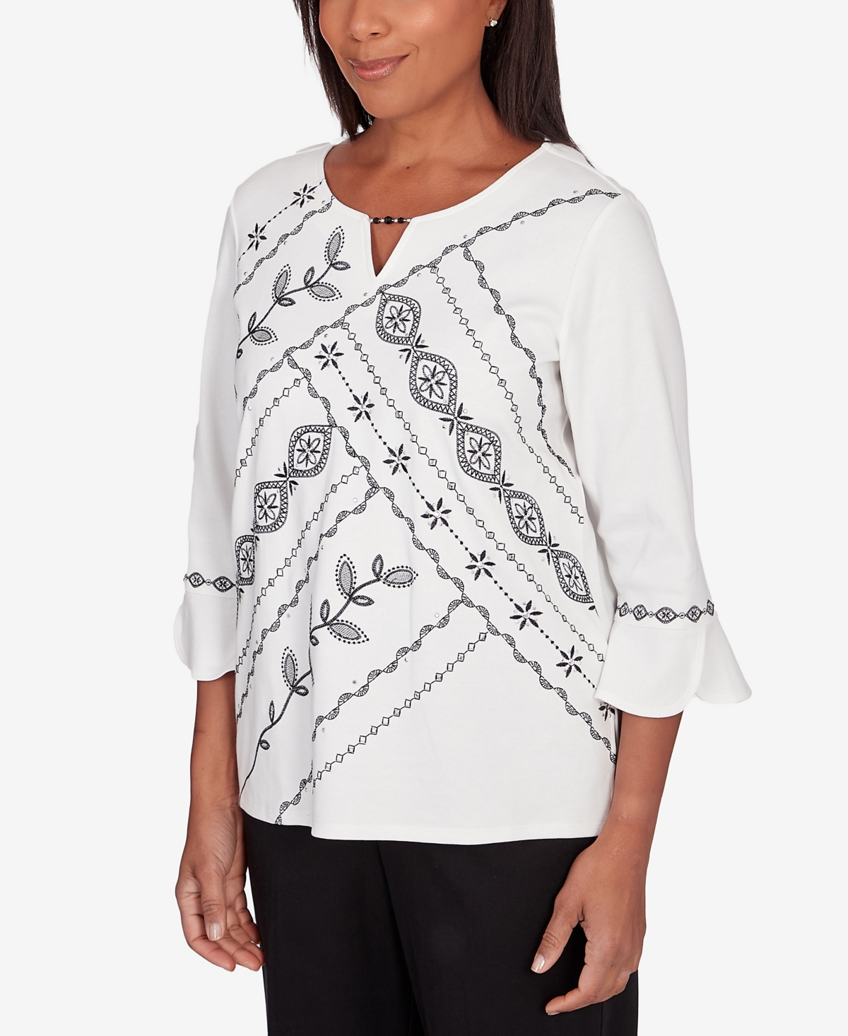 Shop Alfred Dunner Women's Opposites Attract Embroidered Leaf Keyhole Neck Top In White