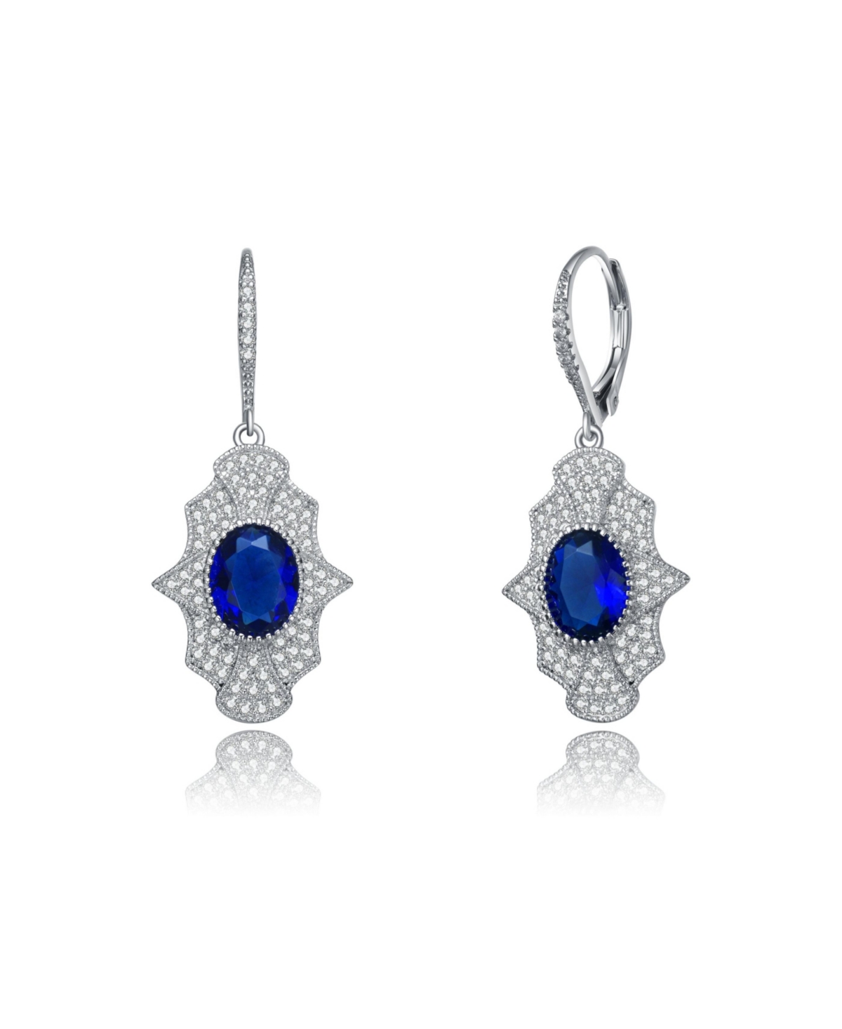 Sterling Silver with White Gold Plated Oval Cubic Zirconia Embellish Leverback Earrings - Blue