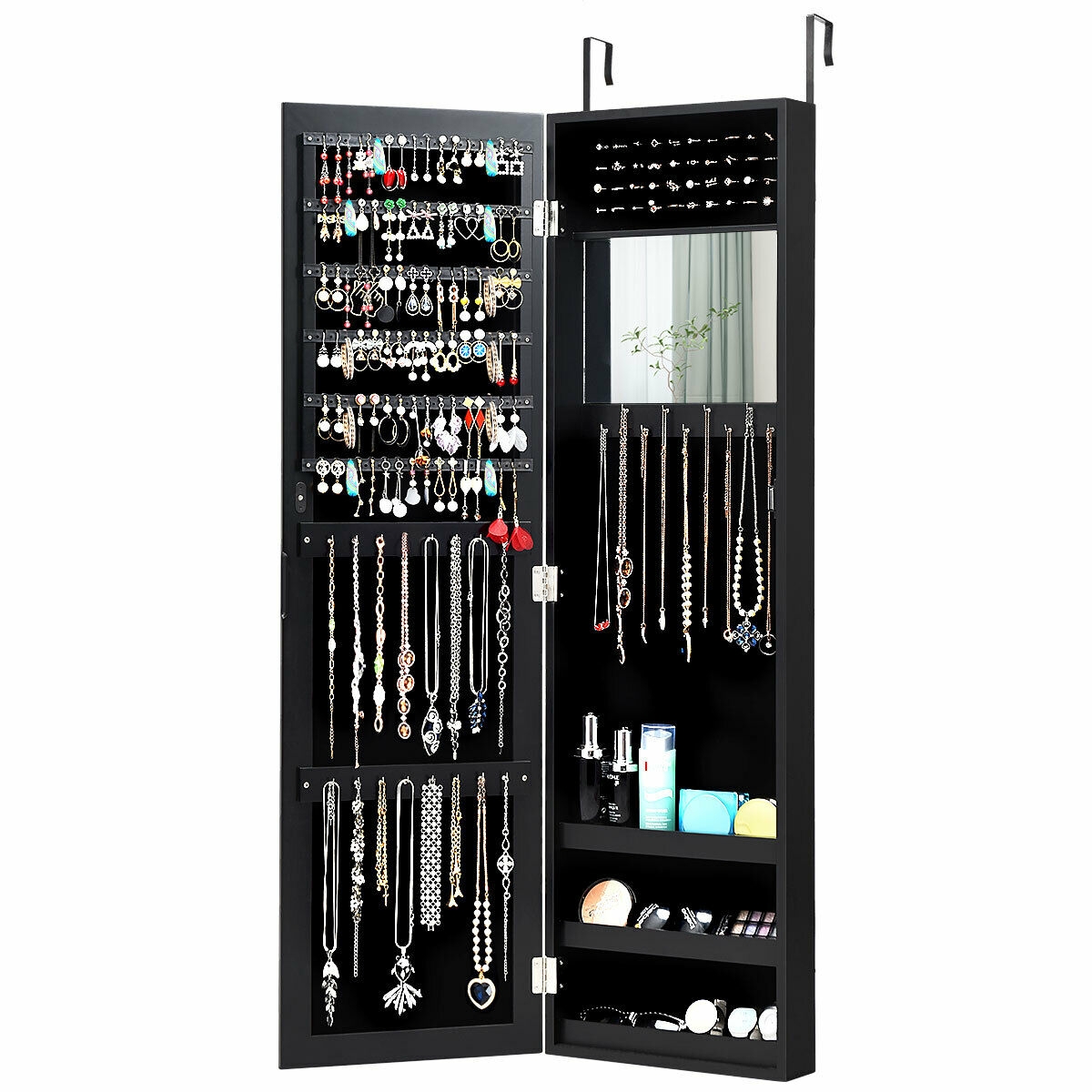 Full Length Mirror Jewelry Cabinet with Ring Slots and Necklace Hooks - Black