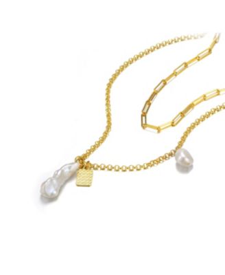 Sterling Silver 14K Gold Plated Genuine Freshwater Pearl Lobster Claw Layered Necklace