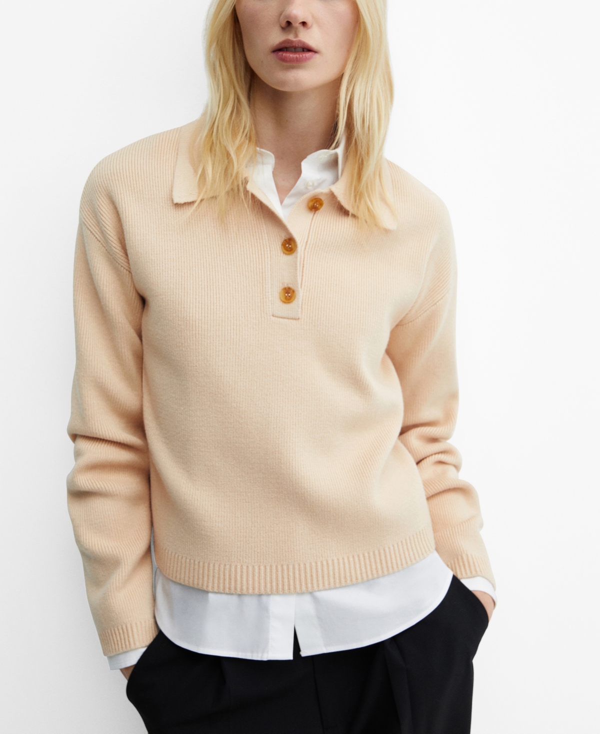 Shop Mango Women's Buttoned Collar Knit Sweater In Light Beig