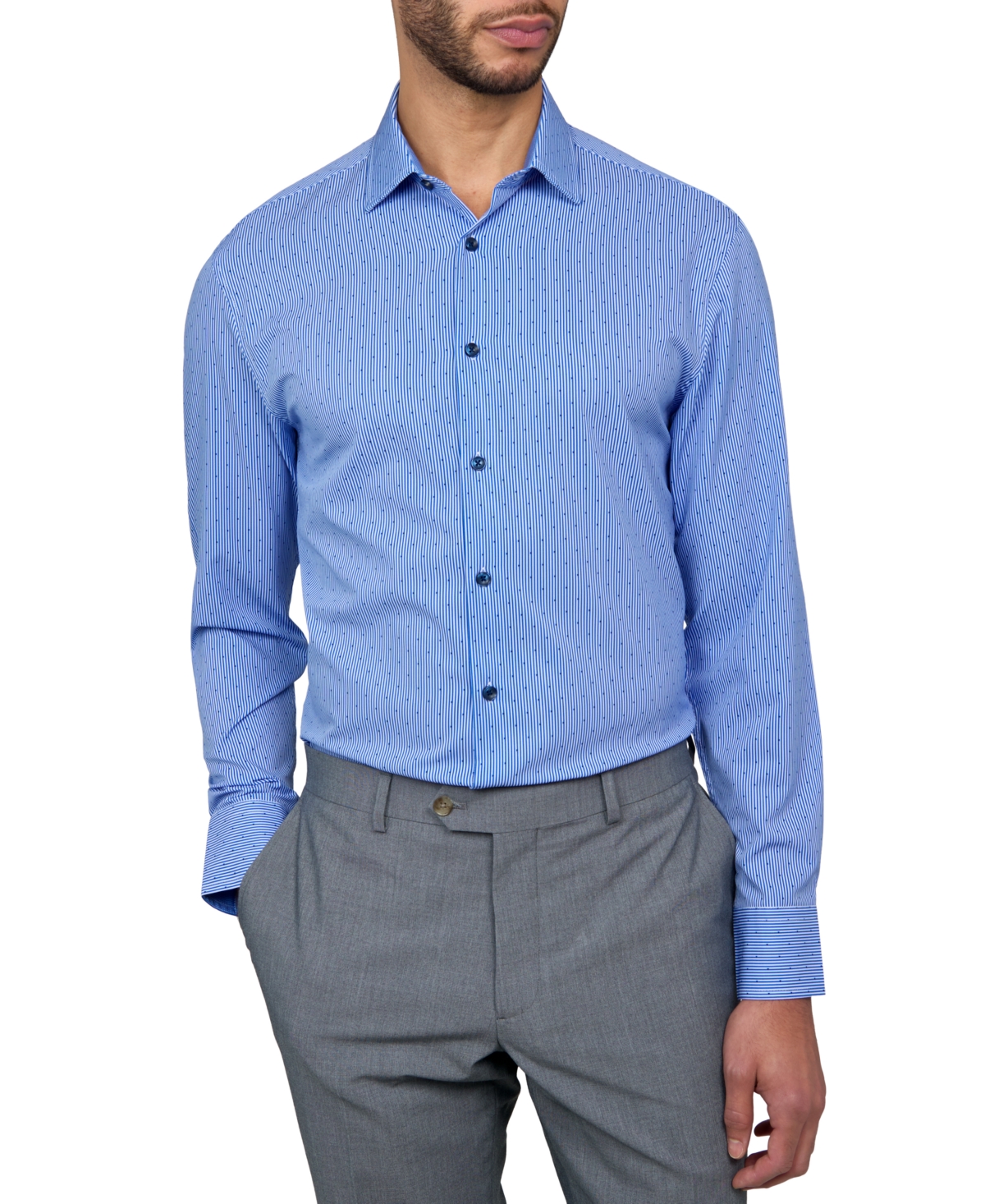 Men's Recycled Slim Fit Stripe Dot Performance Stretch Cooling Comfort Dress Shirt - Blue