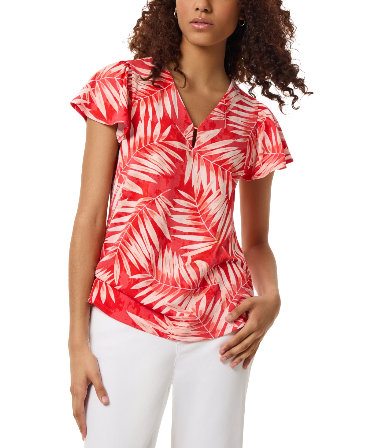 Women's Printed Moss Crepe Short-Sleeve Top - Coral Sun