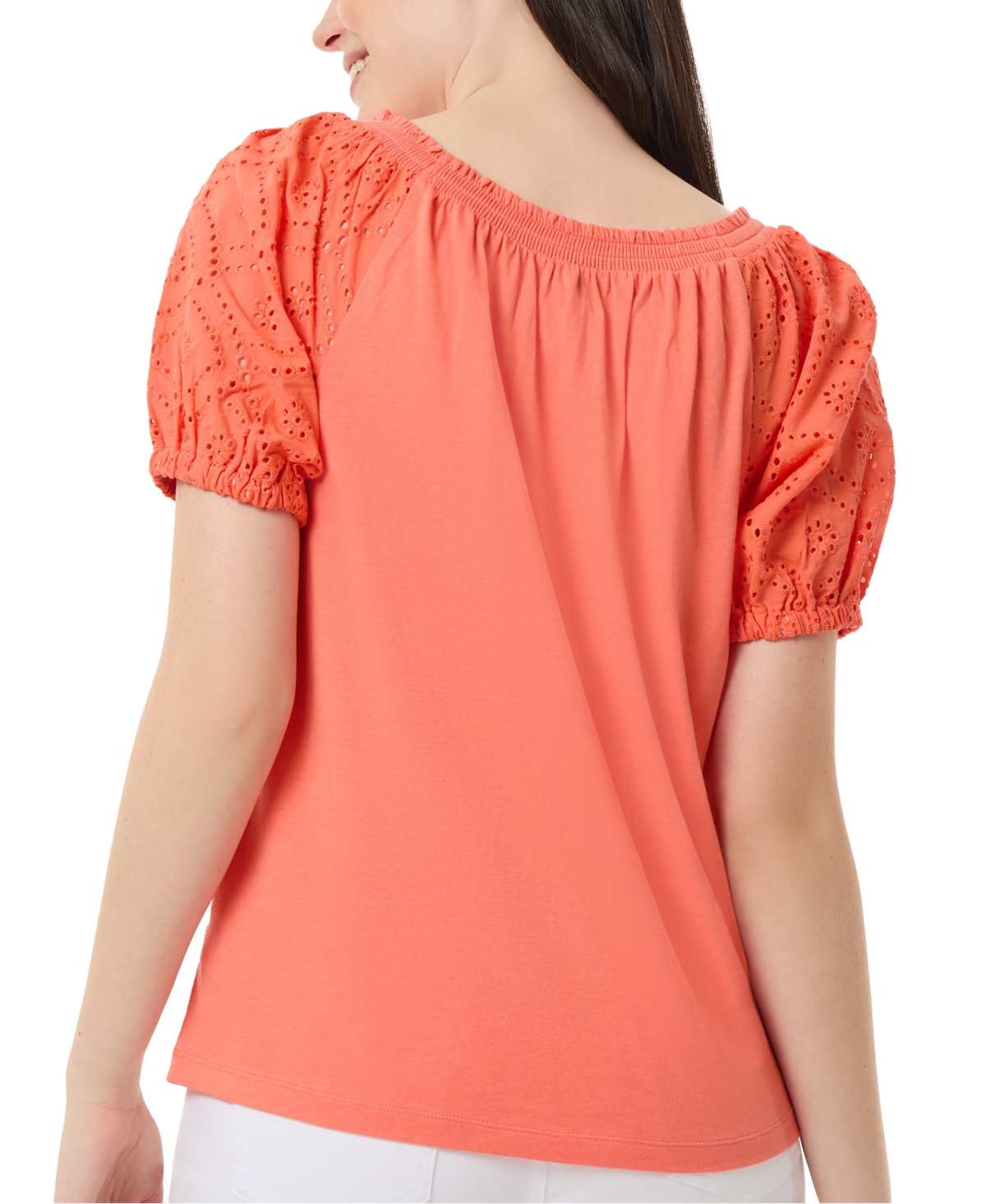 Shop Jones New York Women's Smocked-neck Mixed-media Puff-sleeve Top In Coral Sun