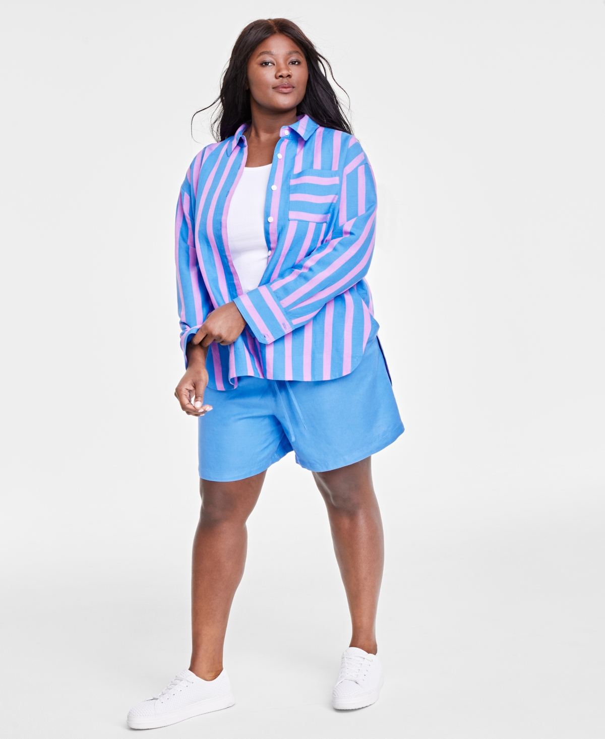 Trendy Plus Size Linen-Blend Striped Shirt, Created for Macy's - Regatta Pnk Cmb
