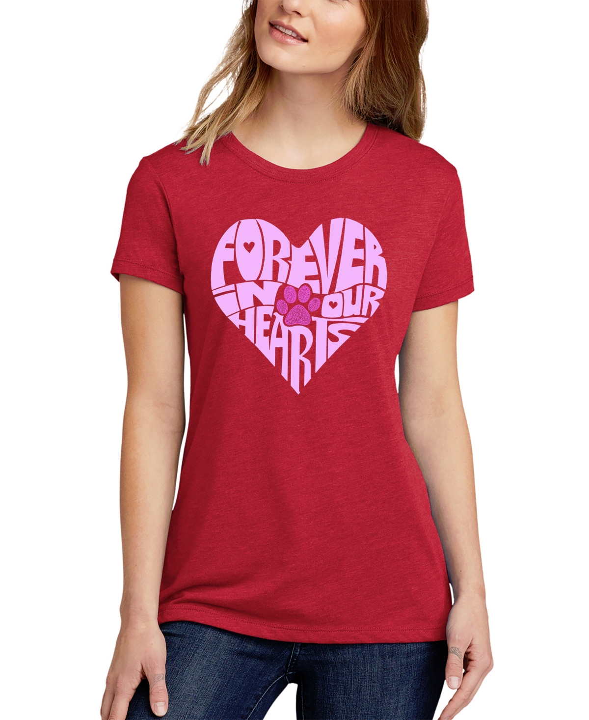 Shop La Pop Art Women's Premium Blend Word Art Forever In Our Hearts T-shirt In Red