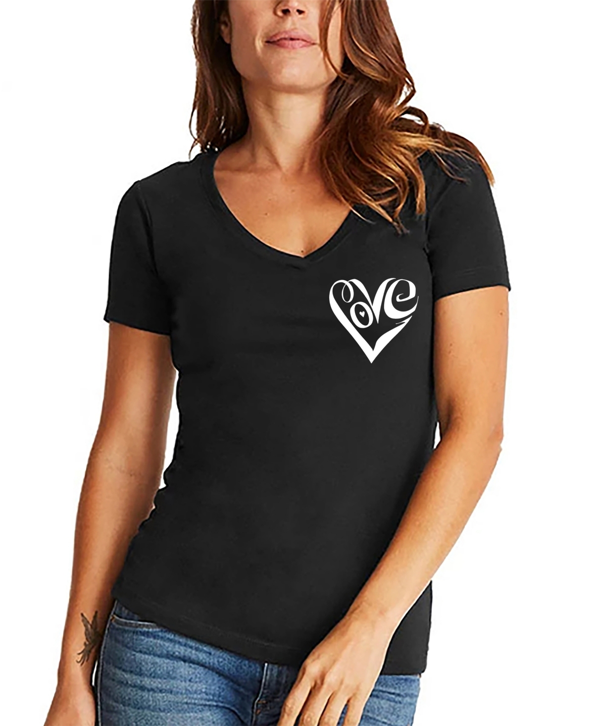 Shop La Pop Art Women's Word Art Script Heart V-neck T-shirt In Black