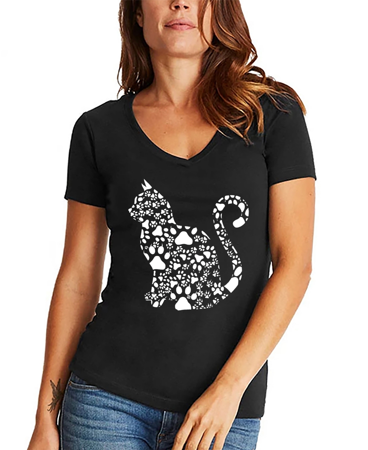 Women's Word Art Cat Paws V-Neck T-Shirt - Black