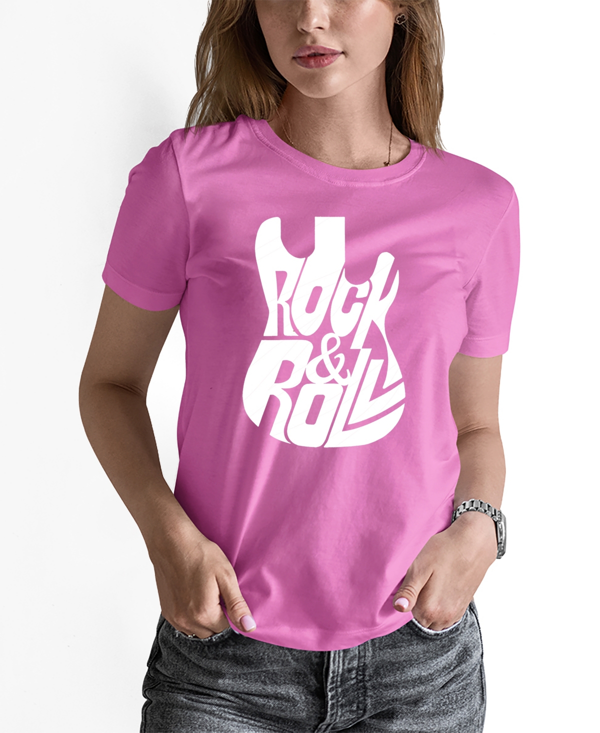 Shop La Pop Art Women's Word Art Rock And Roll Guitar T-shirt In Pink