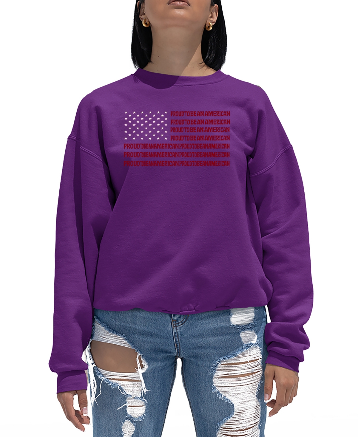 Shop La Pop Art Women's Word Art Proud To Be An American Crewneck Sweatshirt In Purple