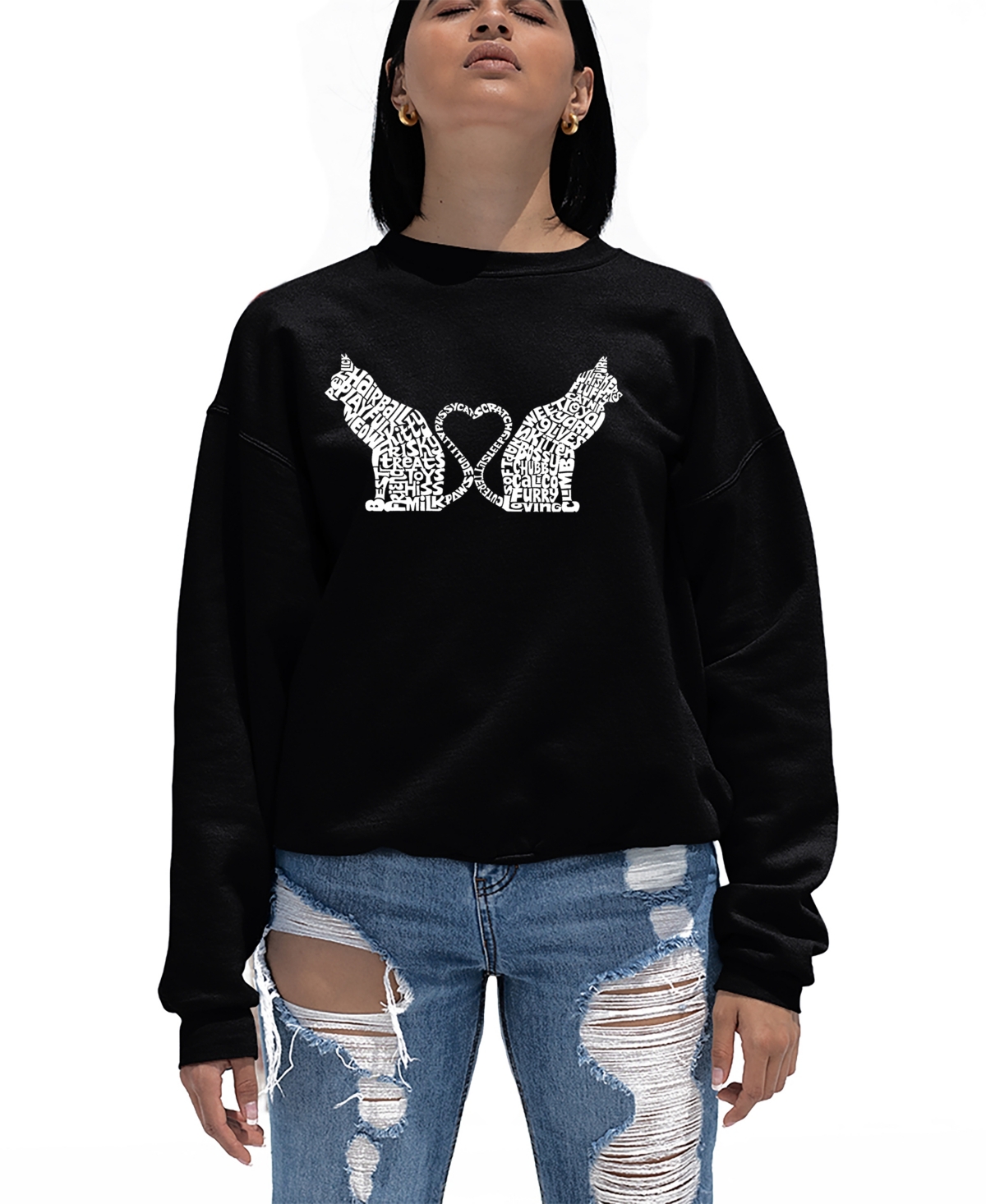 Shop La Pop Art Women's Word Art Cat Tail Heart Crewneck Sweatshirt In Black