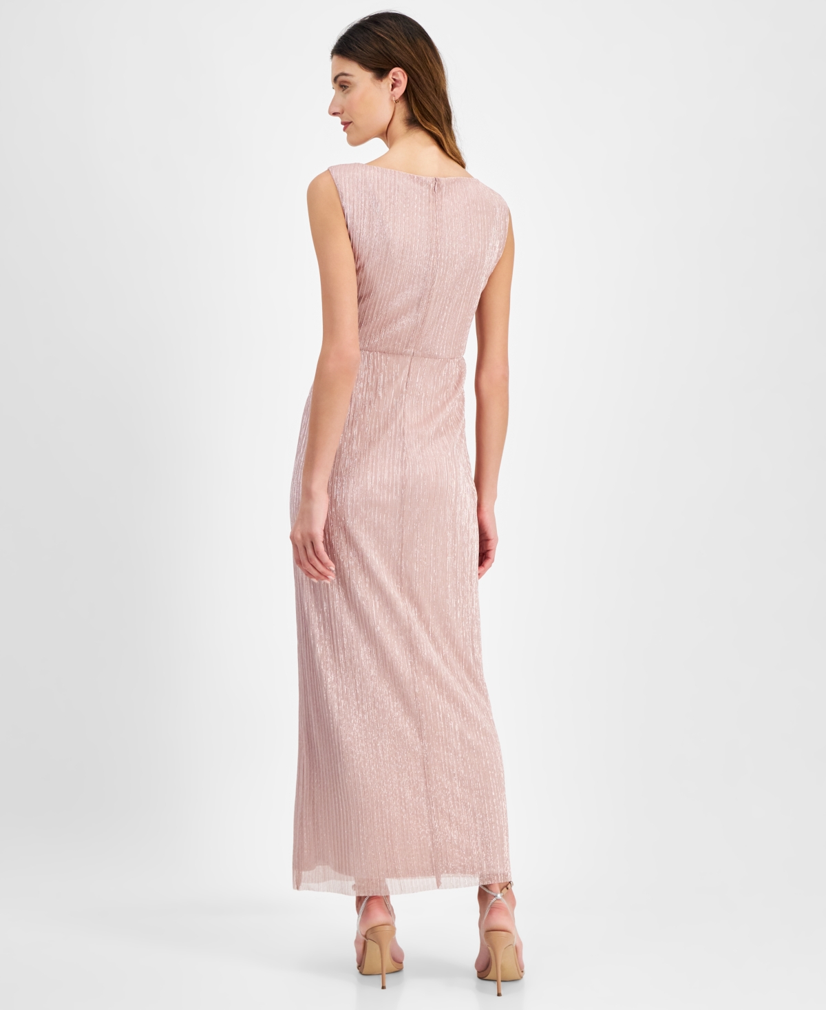 Shop Connected Petite Metallic V-neck Twist-front Gown In Blush Pink