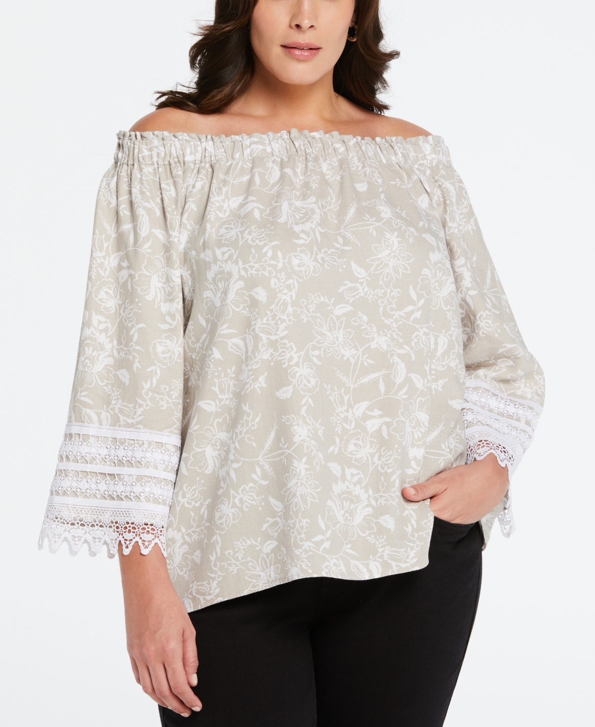 Shop Ella Rafaella Plus Size Linen Blend Peasant Top With Lace Sleeve In Natural
