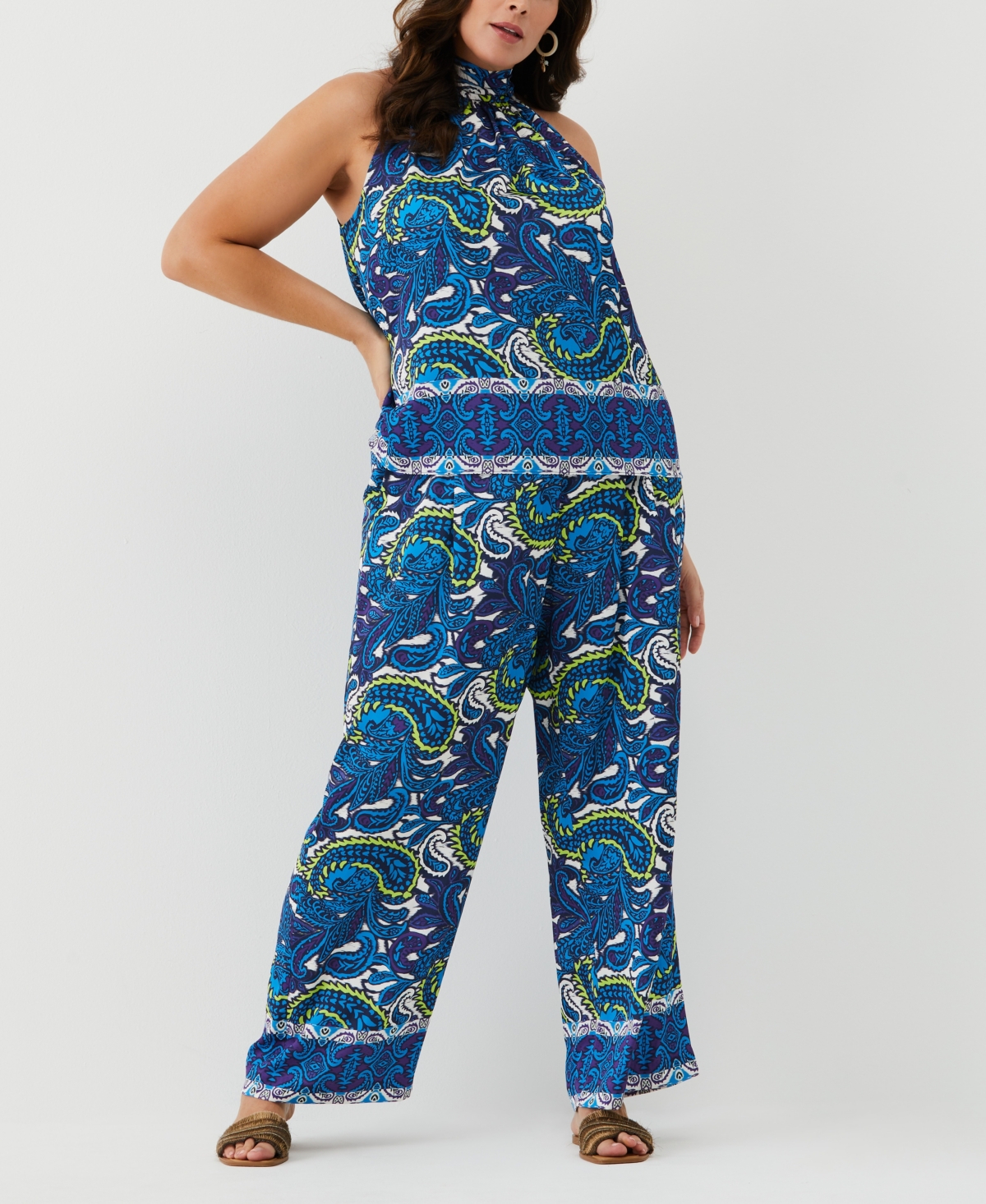 Shop Ella Rafaella Plus Size Paisley Print Sleeveless Halter Top In Malibu Blue