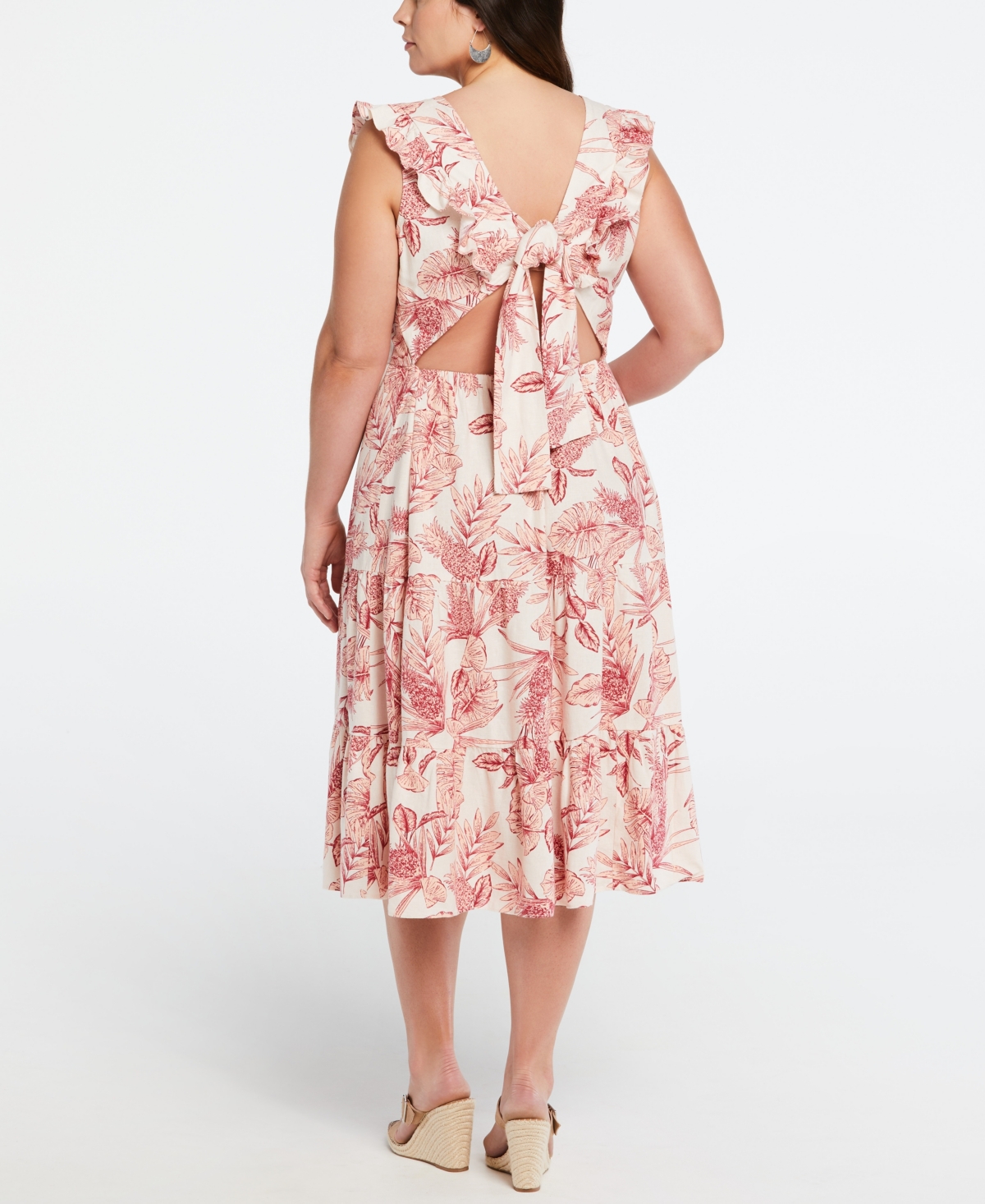 Ella Rafaella Plus Size Linen Blend Flutter Sleeve Midi Tiered Dress